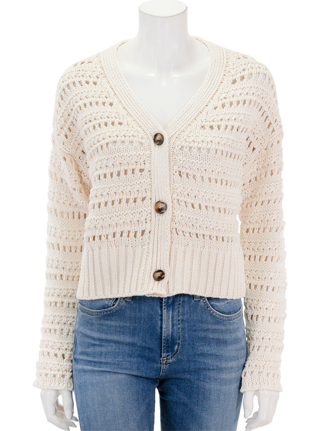Front view of Line's brynne cardigan in plage blanche.