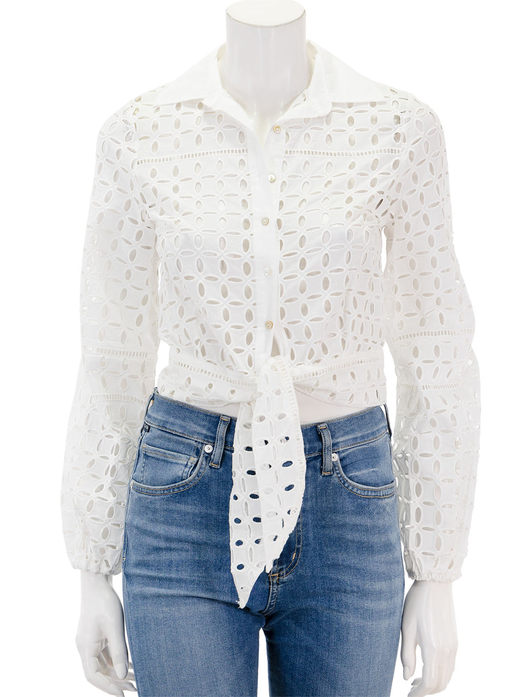 Front view of Line's summer eyelet top in chiffon.