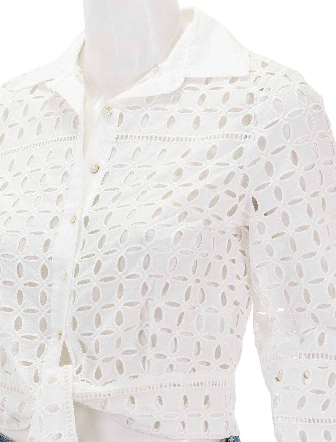 Close-up view of Line's summer eyelet top in chiffon.