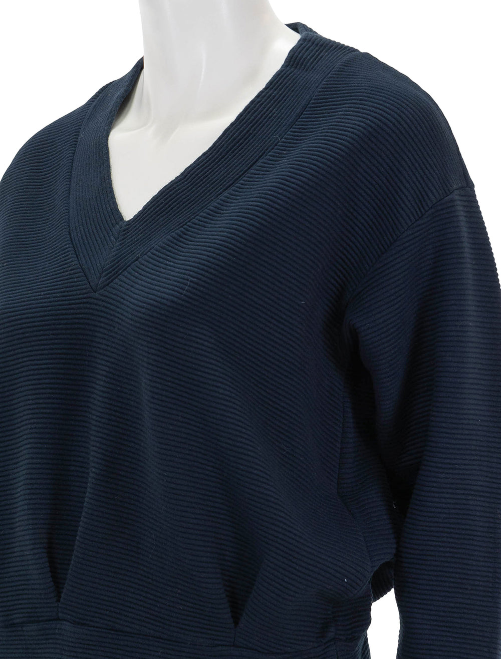 Close-up view of Stateside's horizontal rib v-neck pullover in new navy.