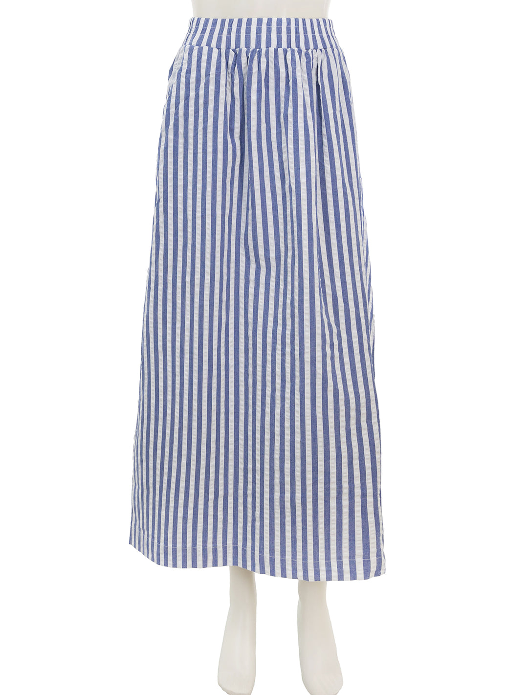 Front view of Stateside's puckered stripe double slit maxi skirt in navy stripe.