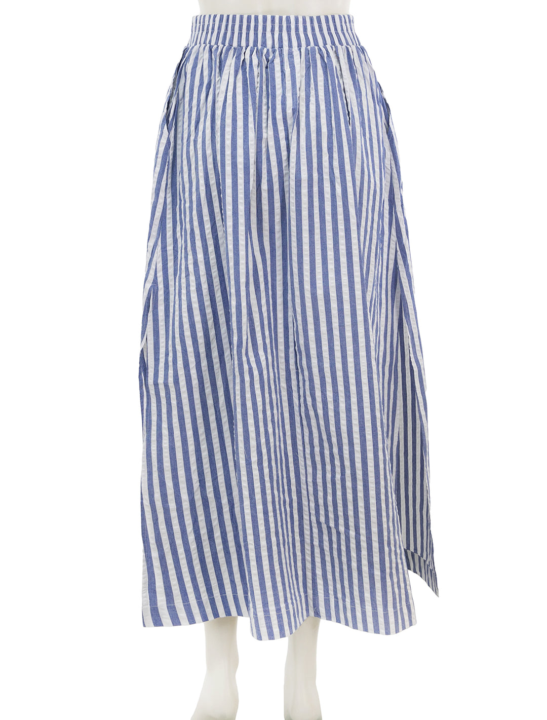 Back view of Stateside's puckered stripe double slit maxi skirt in navy stripe.