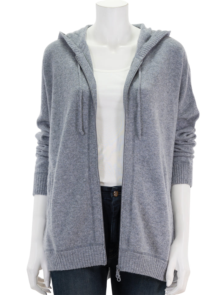 Front view of Minnie Rose's cashmere oversize zip hoodie in grey shadow.