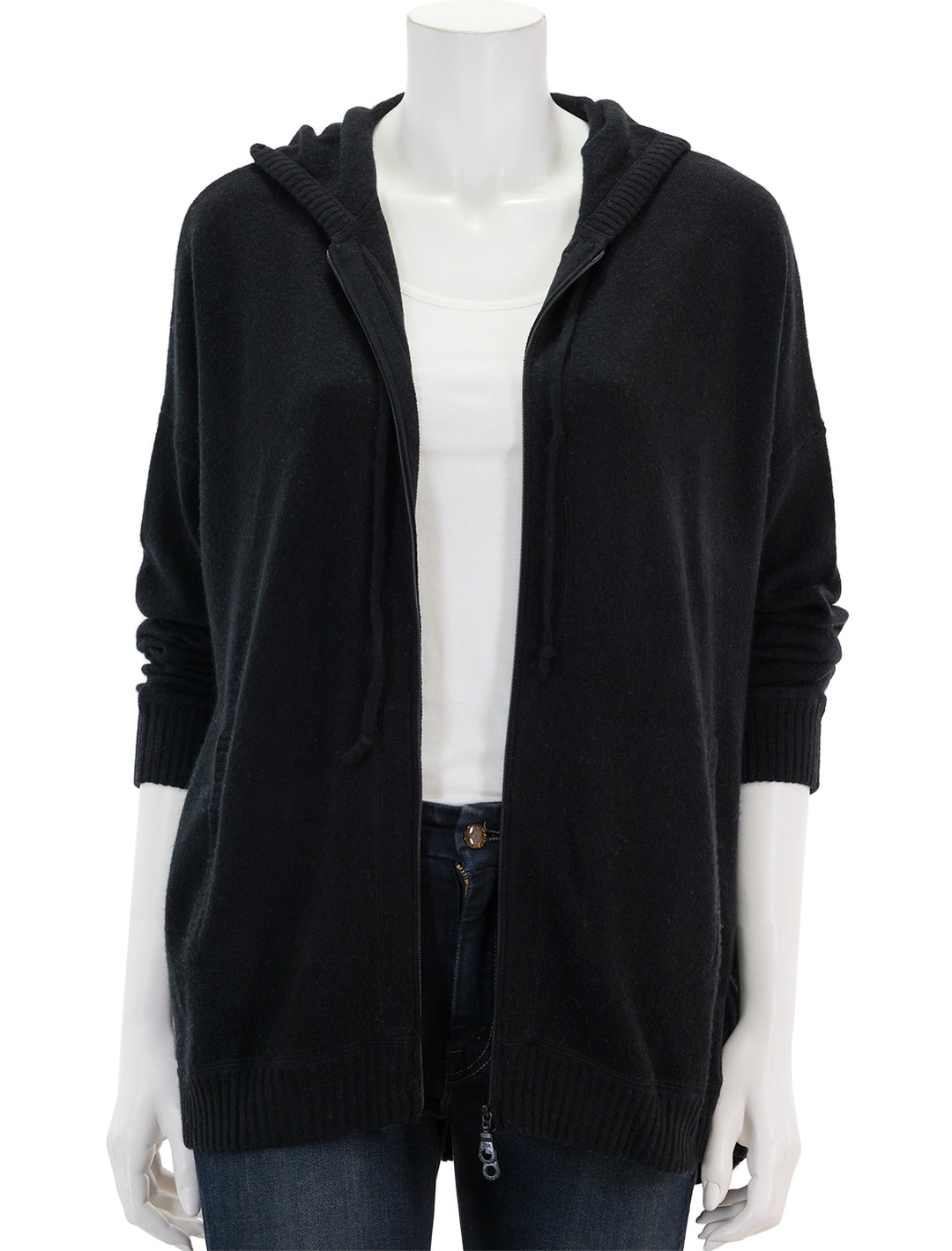 Front view of Minnie Rose's cashmere oversize zip hoodie in black.