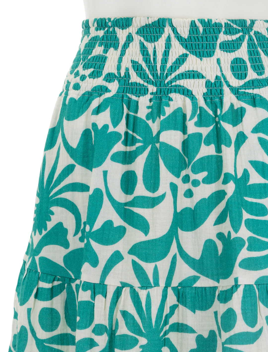 Close-up view of Marine Layer's corinne double cloth maxi skirt in spruce flora.