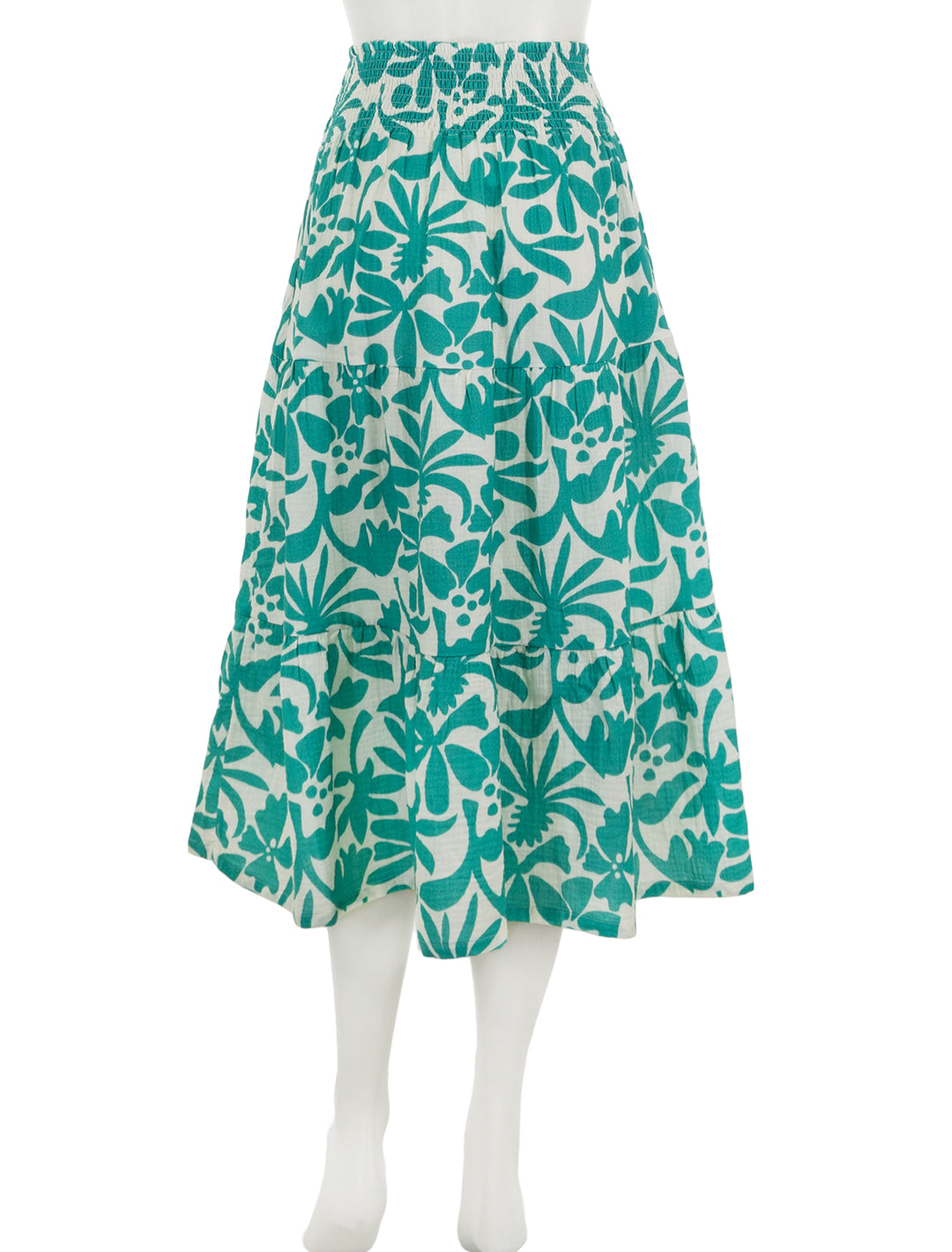 Back view of Marine Layer's corinne double cloth maxi skirt in spruce flora.