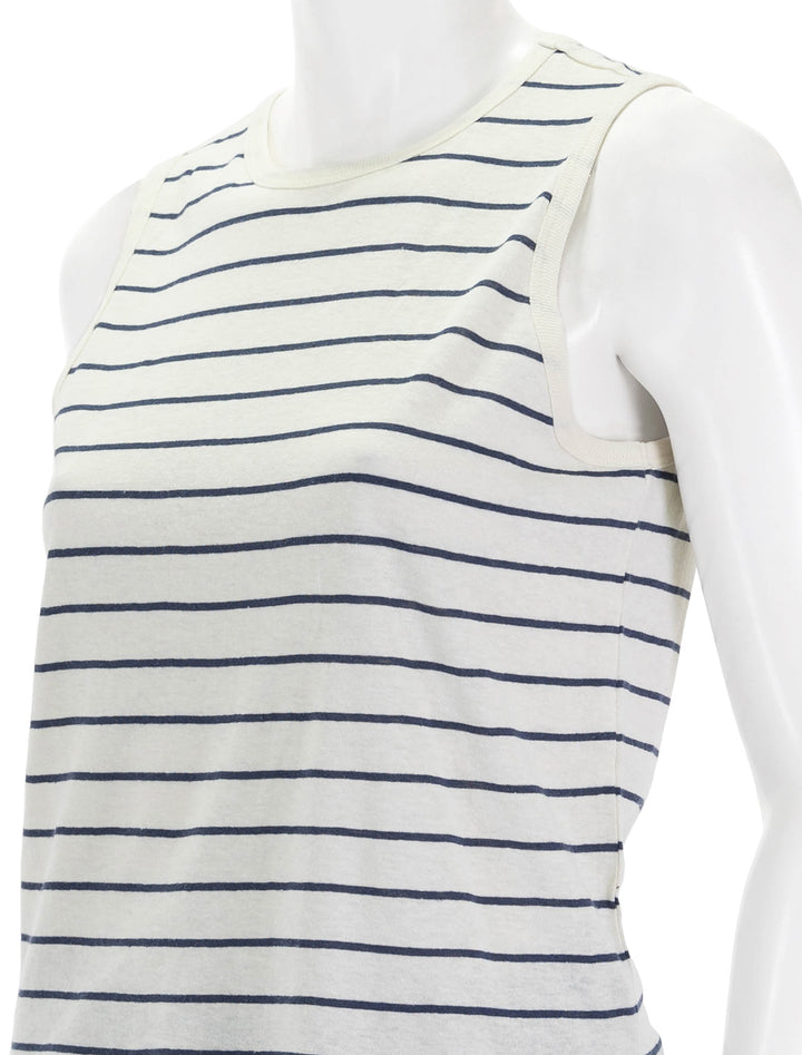 Close-up view of Marine Layer's hemp cotton muscle tee in white and black stripe.