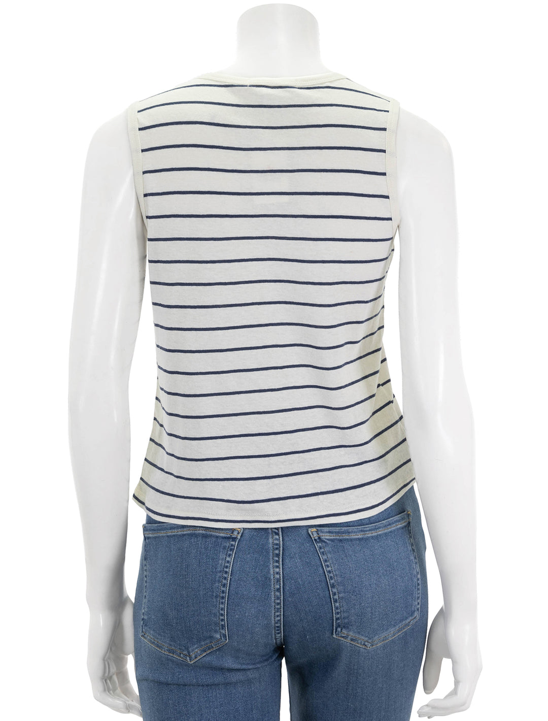 Back view of Marine Layer's hemp cotton muscle tee in white and black stripe.