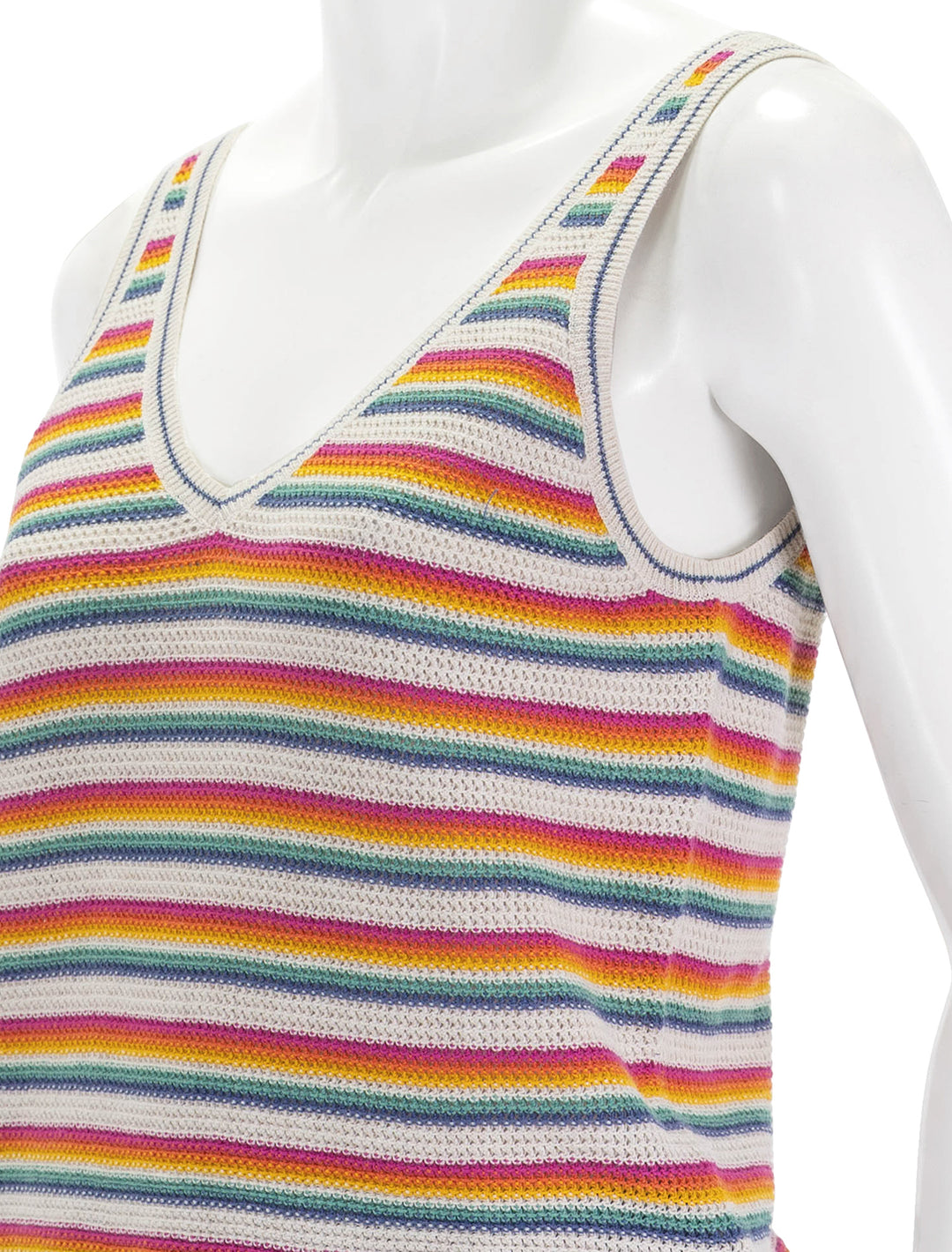 Close-up view of Marine Layer's finley sweater tank in bright stripe.