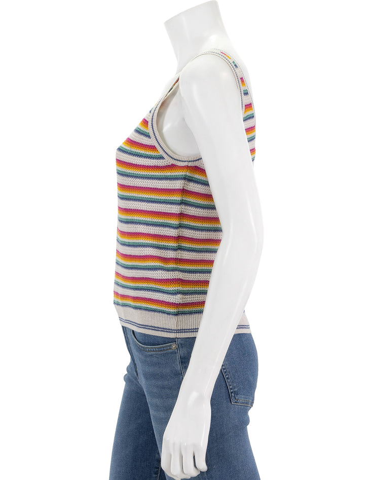 Side view of Marine Layer's finley sweater tank in bright stripe.
