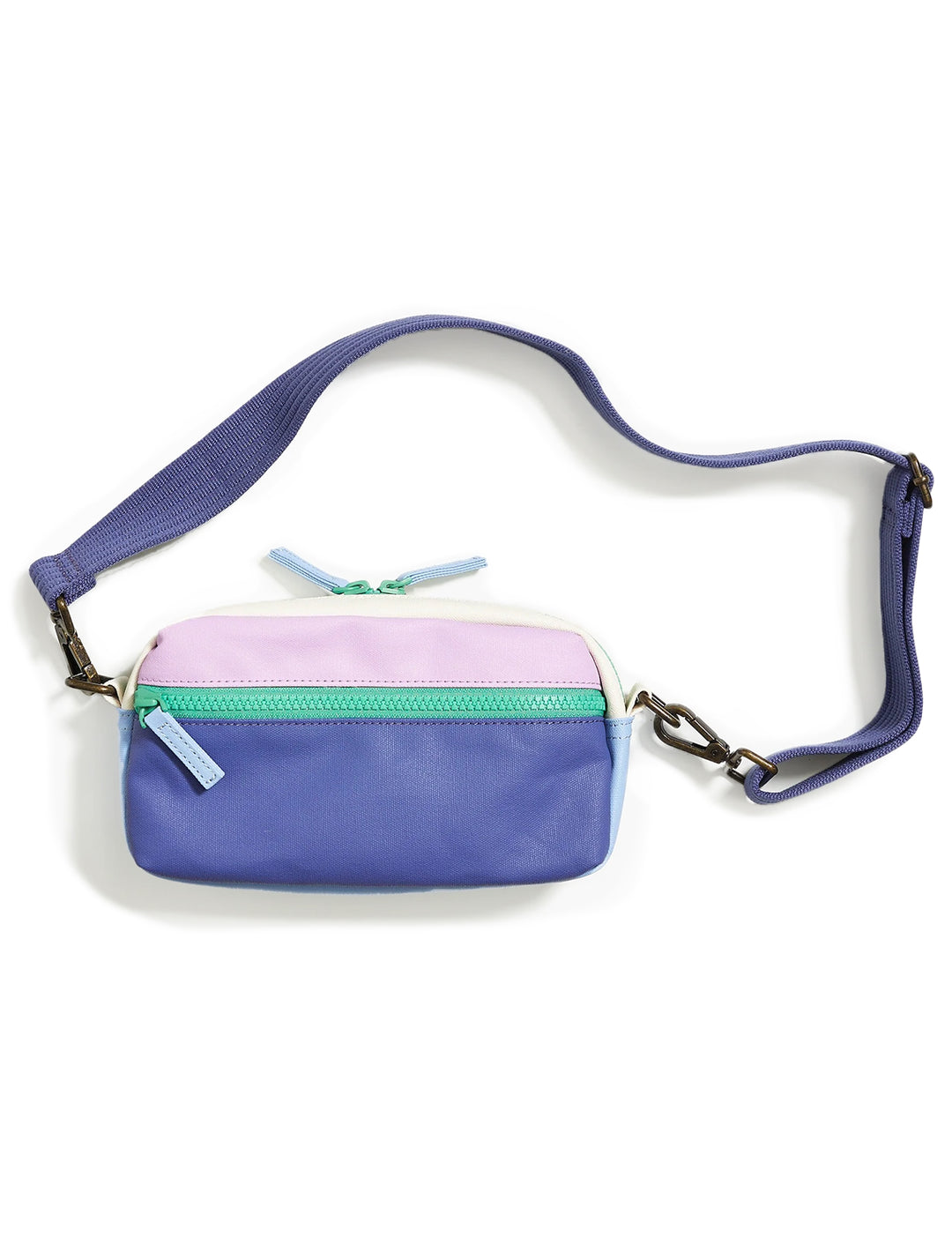 Overhead view of Marine Layer's fanny pack in lilac colorblock.
