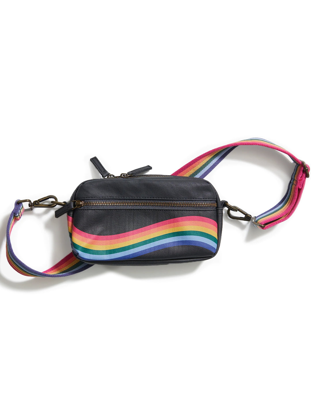 Overhead view of Marine Layer's wave stripe fanny pack in black.