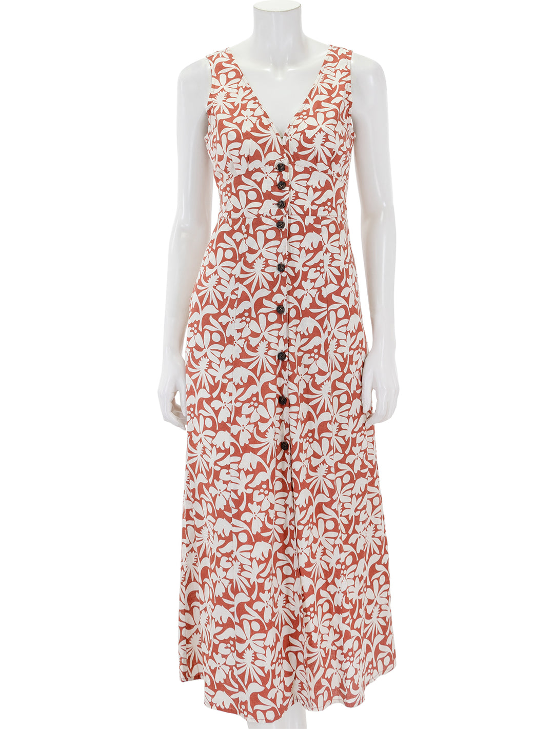 Front view of Marine Layer's camila maxi dress in auburn.
