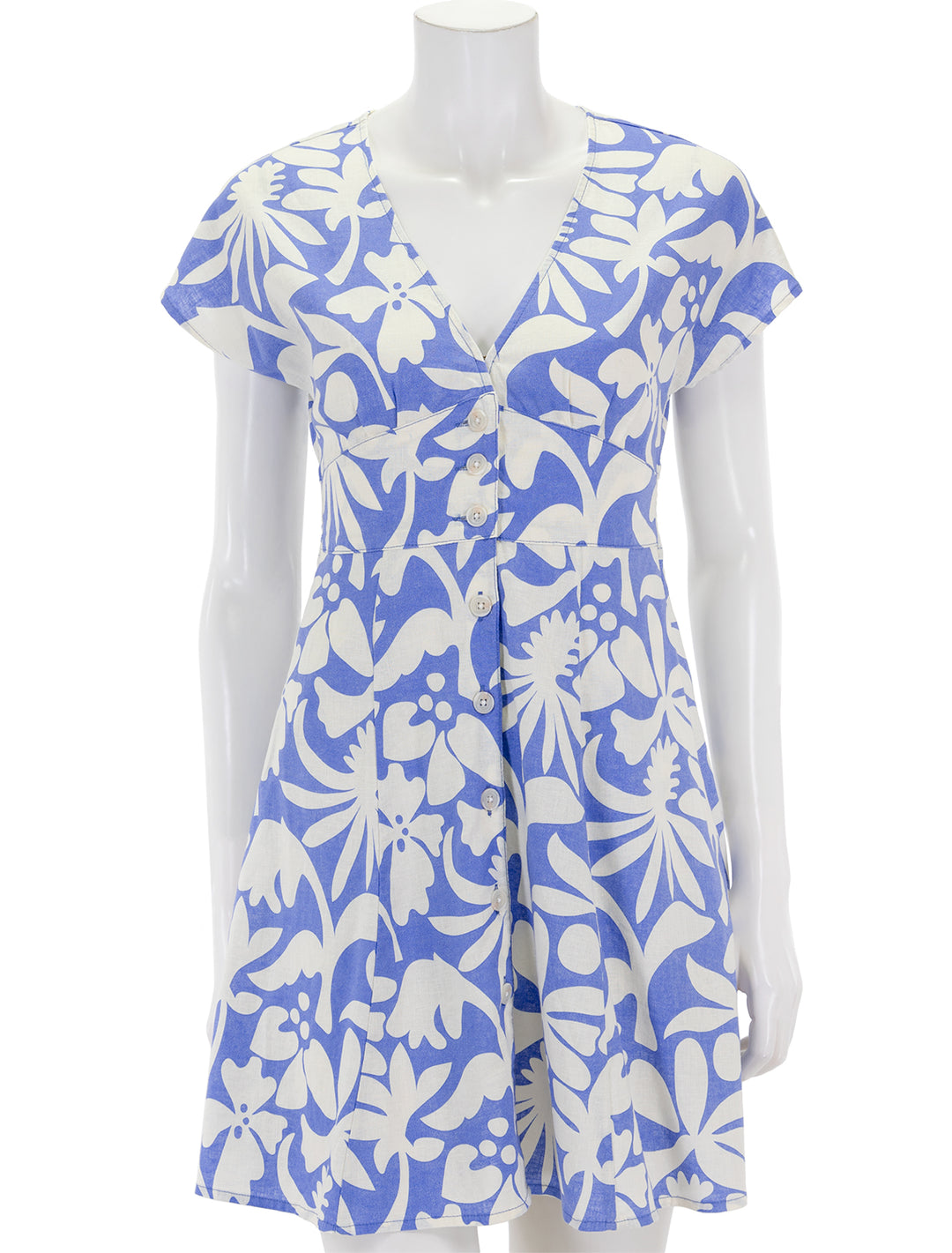 Front view of Marine Layer's camila mini dress in twilight blue flora.