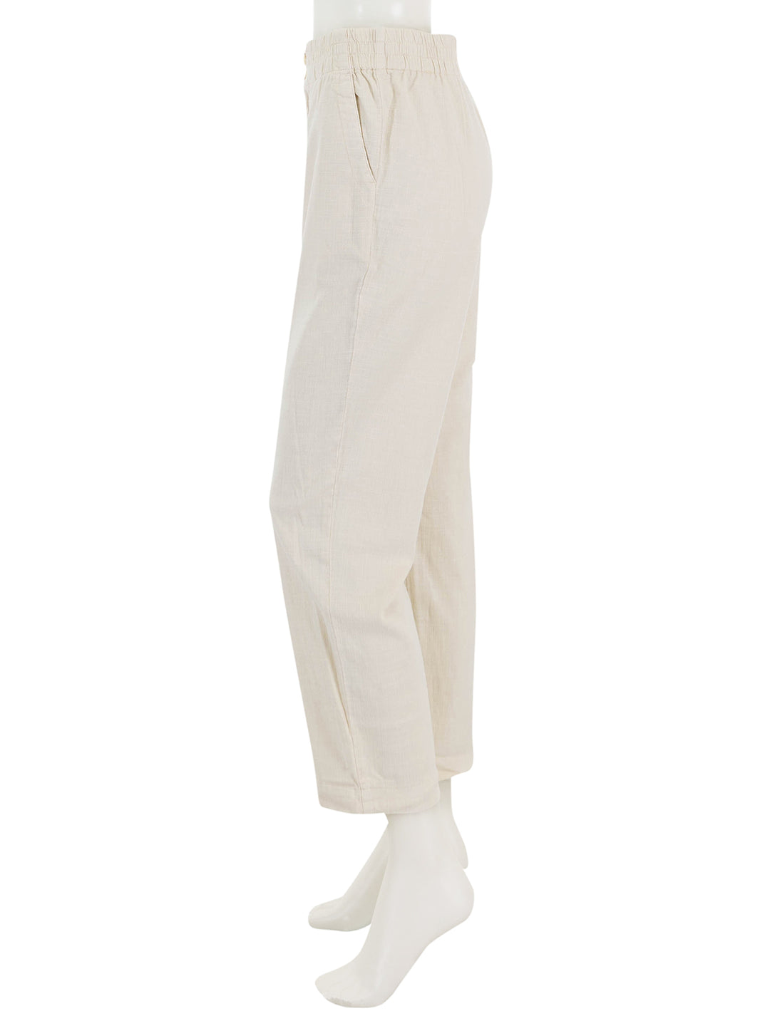 Side view of Marine Layer's elle pant in fog.