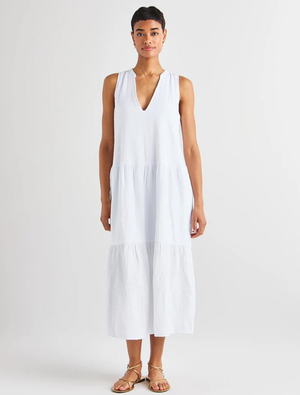 Model wearing Splendid's sumner gauze maxi dress in white.