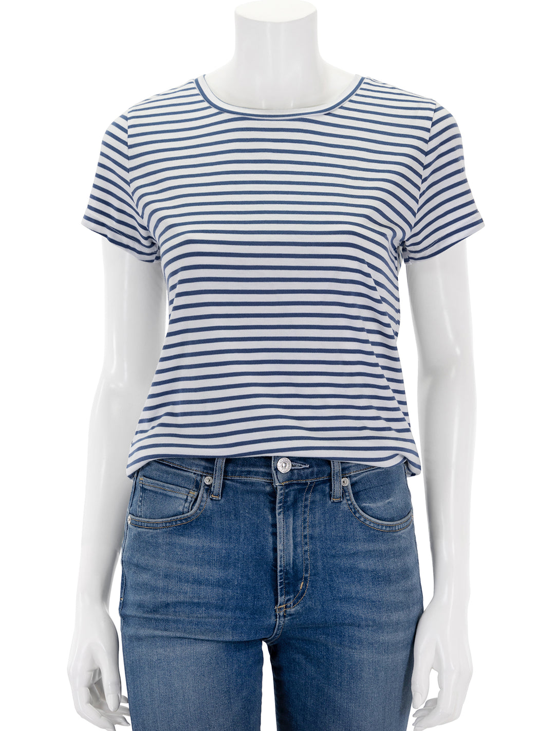 front view of lulu crew neck tee in cerulean and white stripe