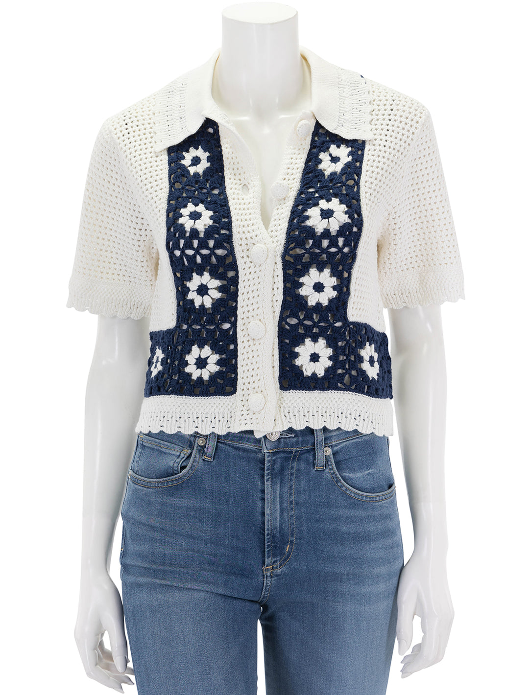 Front view of Rails' milan crochet daisy top in navy and cream.