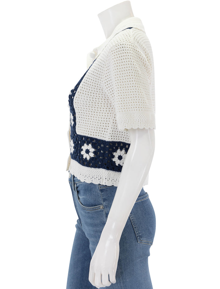 Side view of Rails' milan crochet daisy top in navy and cream.