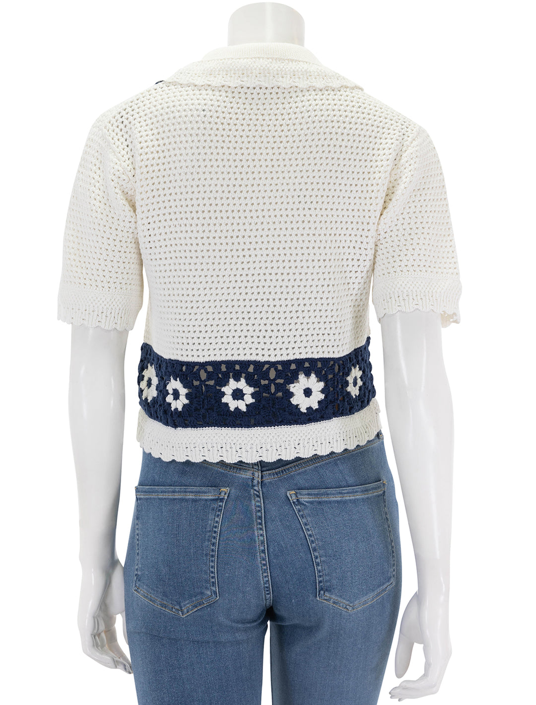 Back view of Rails' milan crochet daisy top in navy and cream.