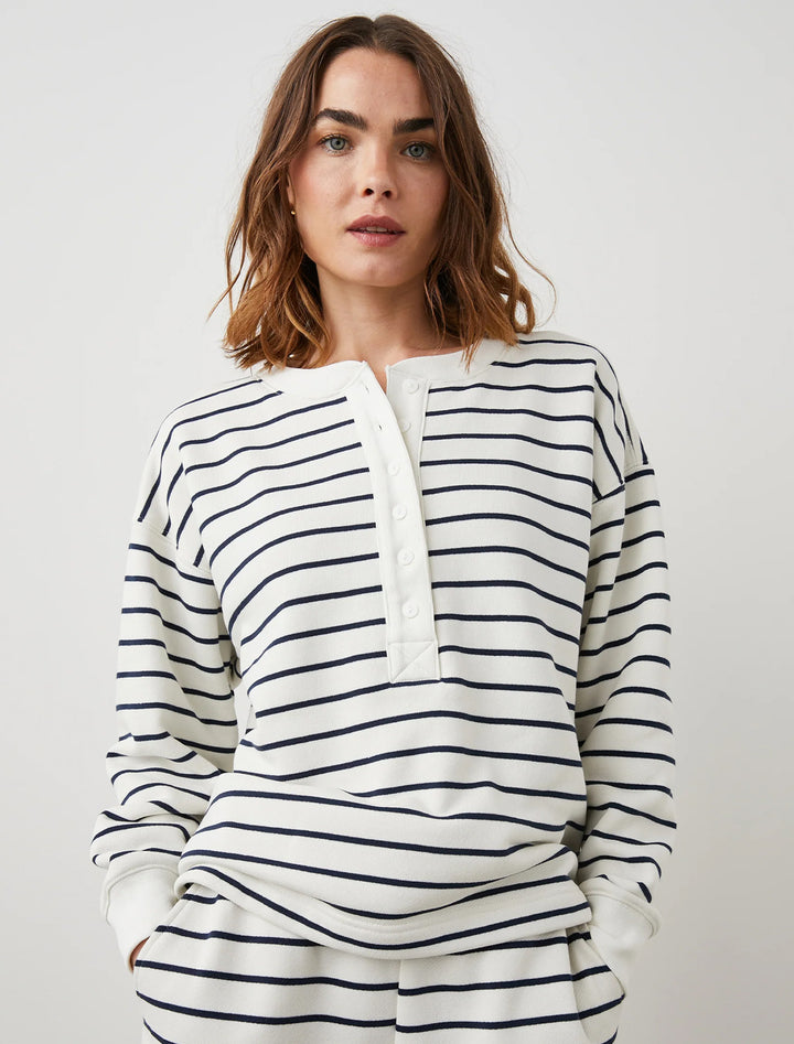 Model wearing Rails' joan top in sailor stripe.