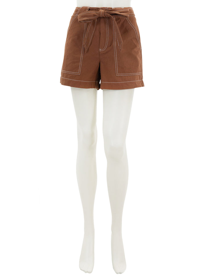 Front view of Lilla P.'s belted canvas shorts in bronze.