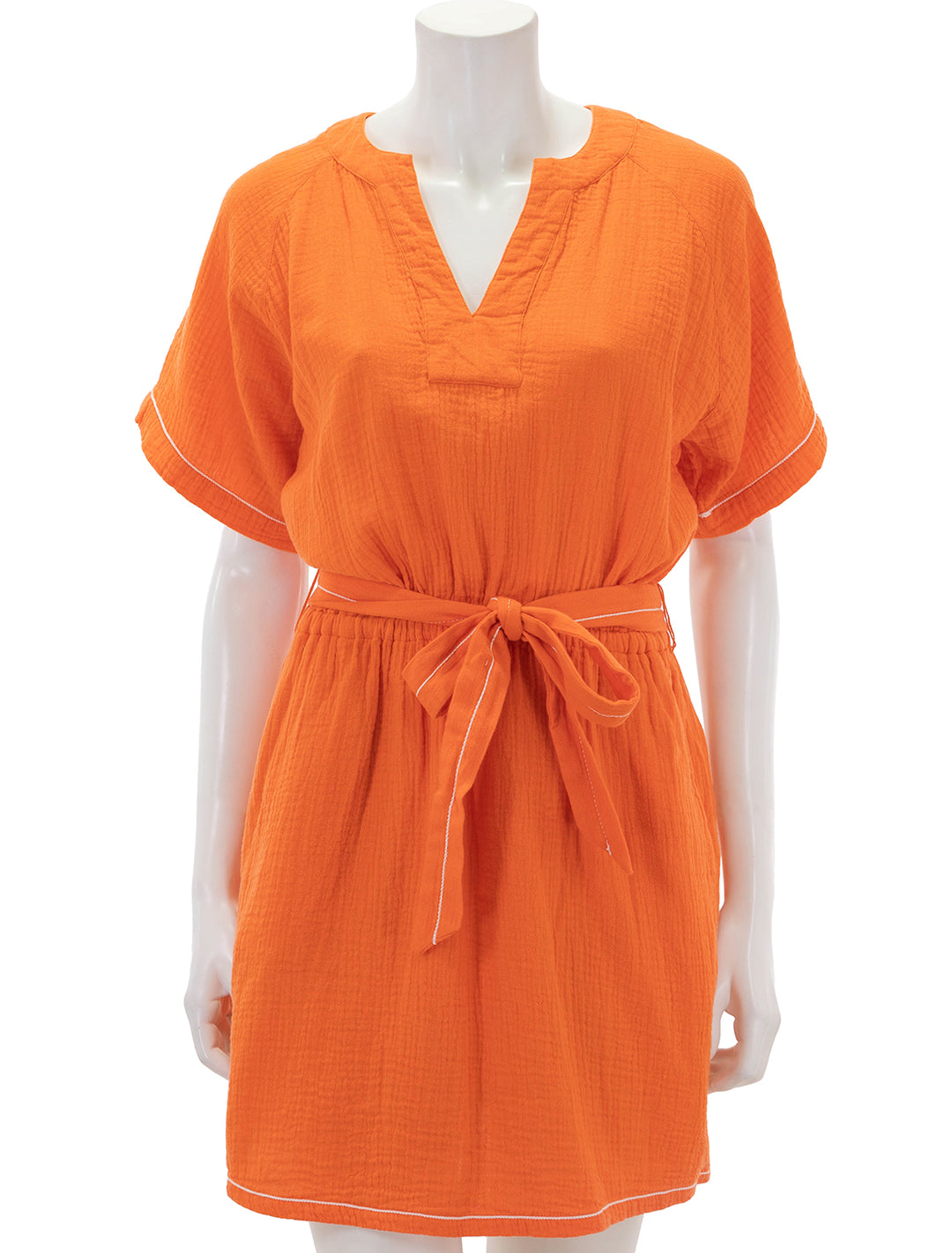 front view of belted cotton gauze dress in tangelo