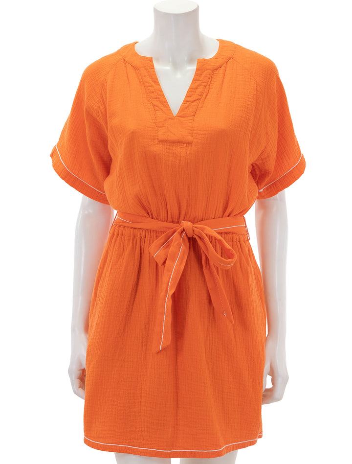 front view of belted cotton gauze dress in tangelo