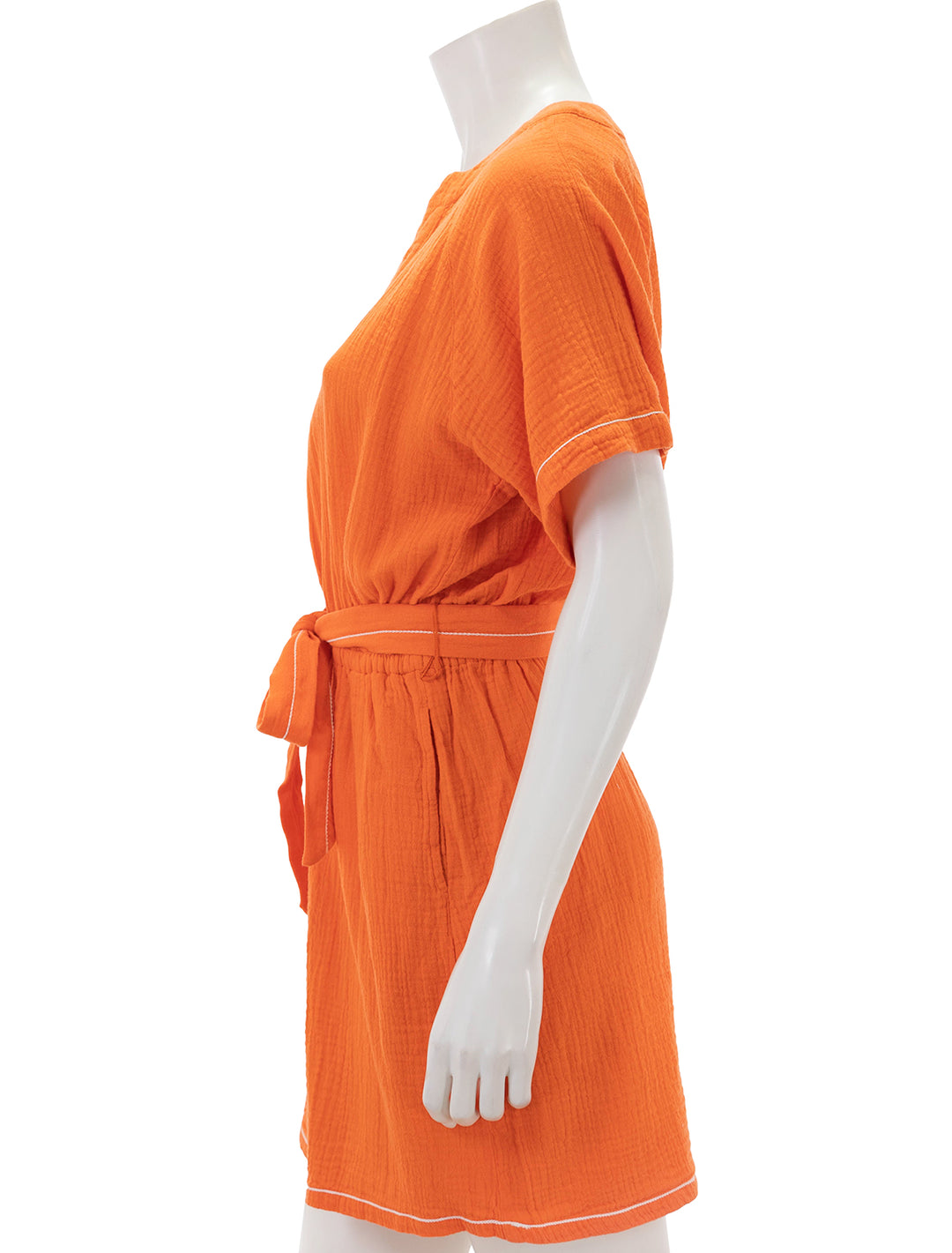 side view of belted cotton gauze dress in tangelo