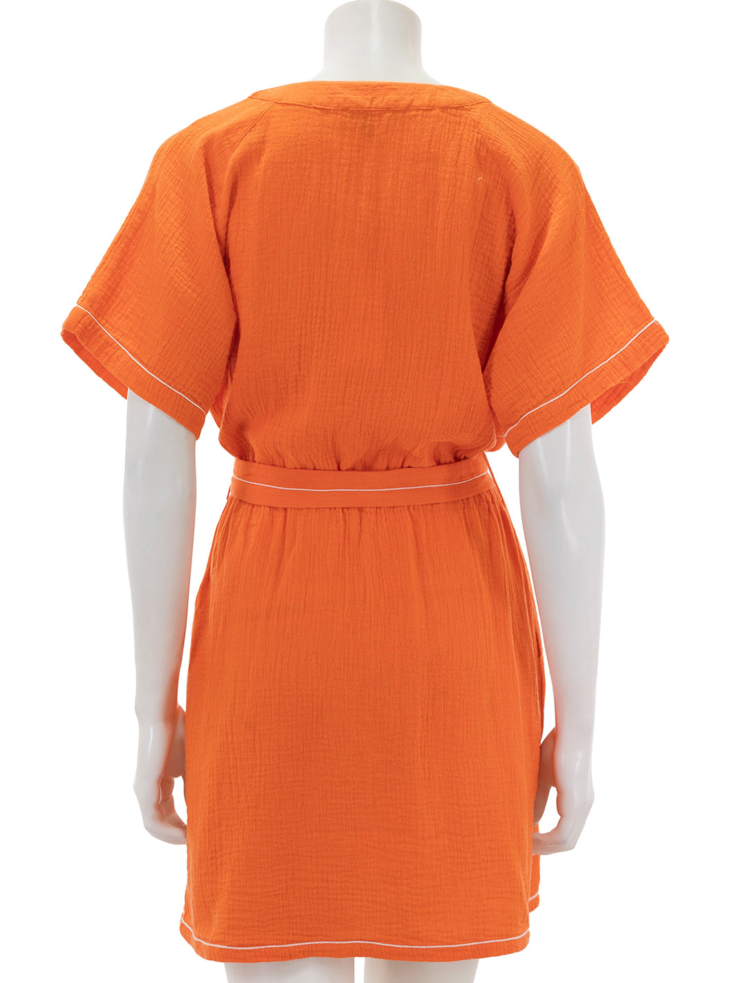 back view of belted cotton gauze dress in tangelo