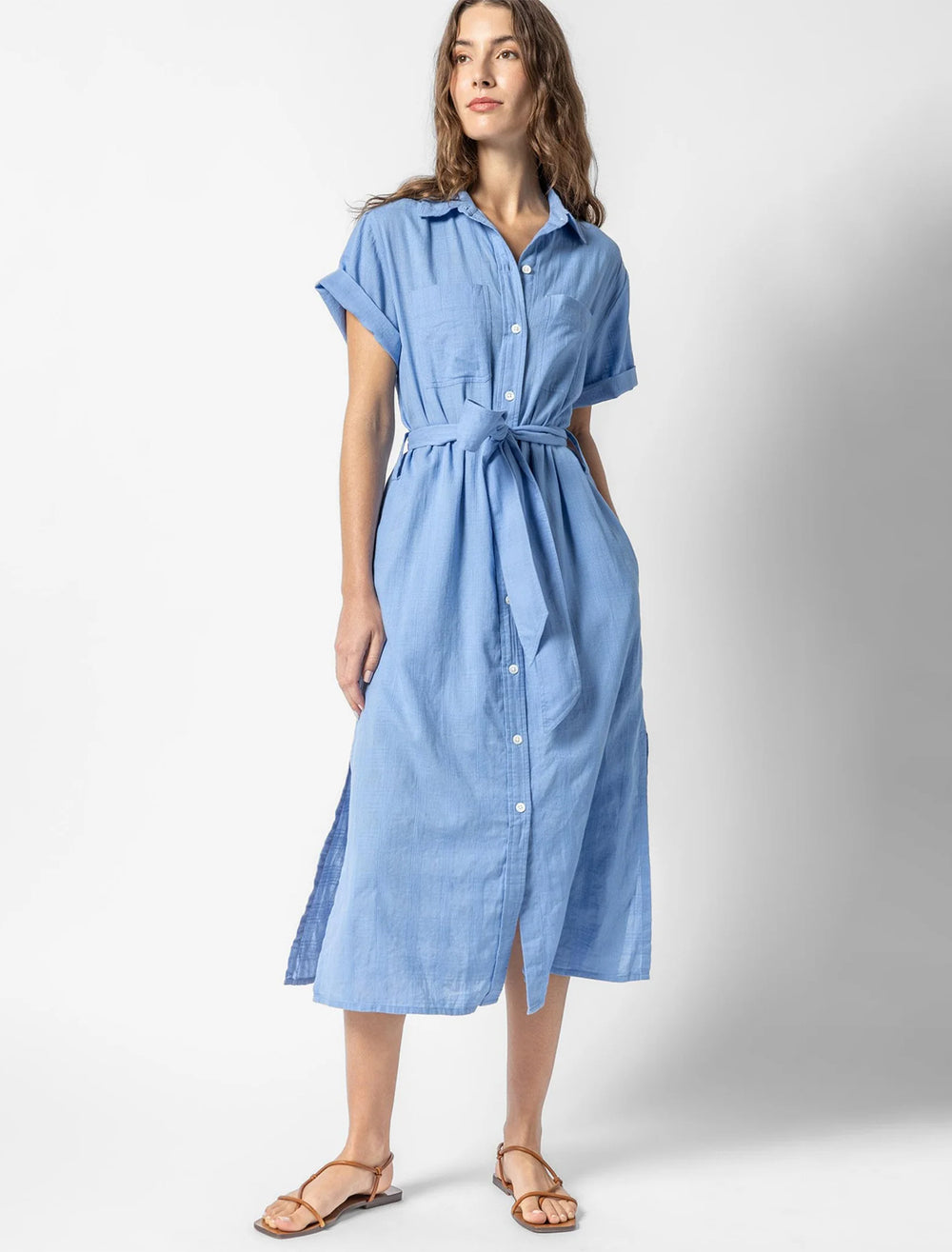 Model wearing Lilla P.'s belted shirtdress in harbor