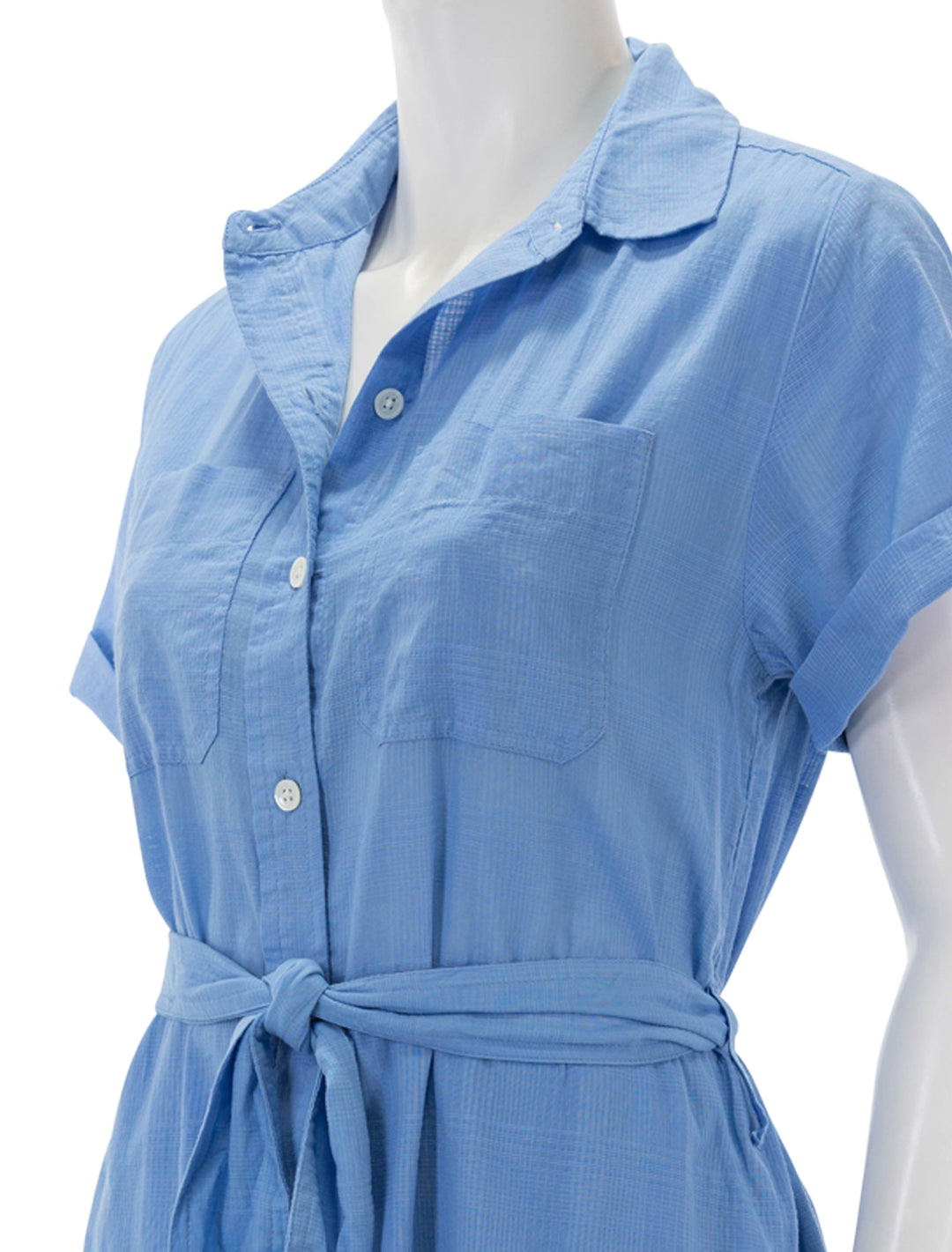 Close-up view of Lilla P.'s belted shirtdress in harbor