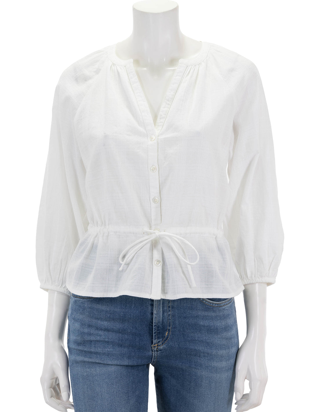 front view of tie waist top in white