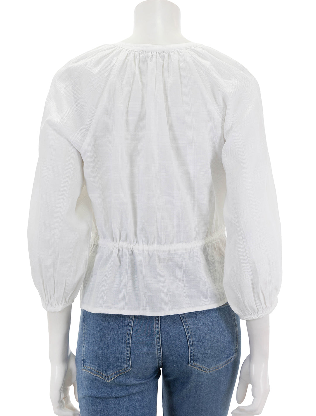 back view of tie waist top in white