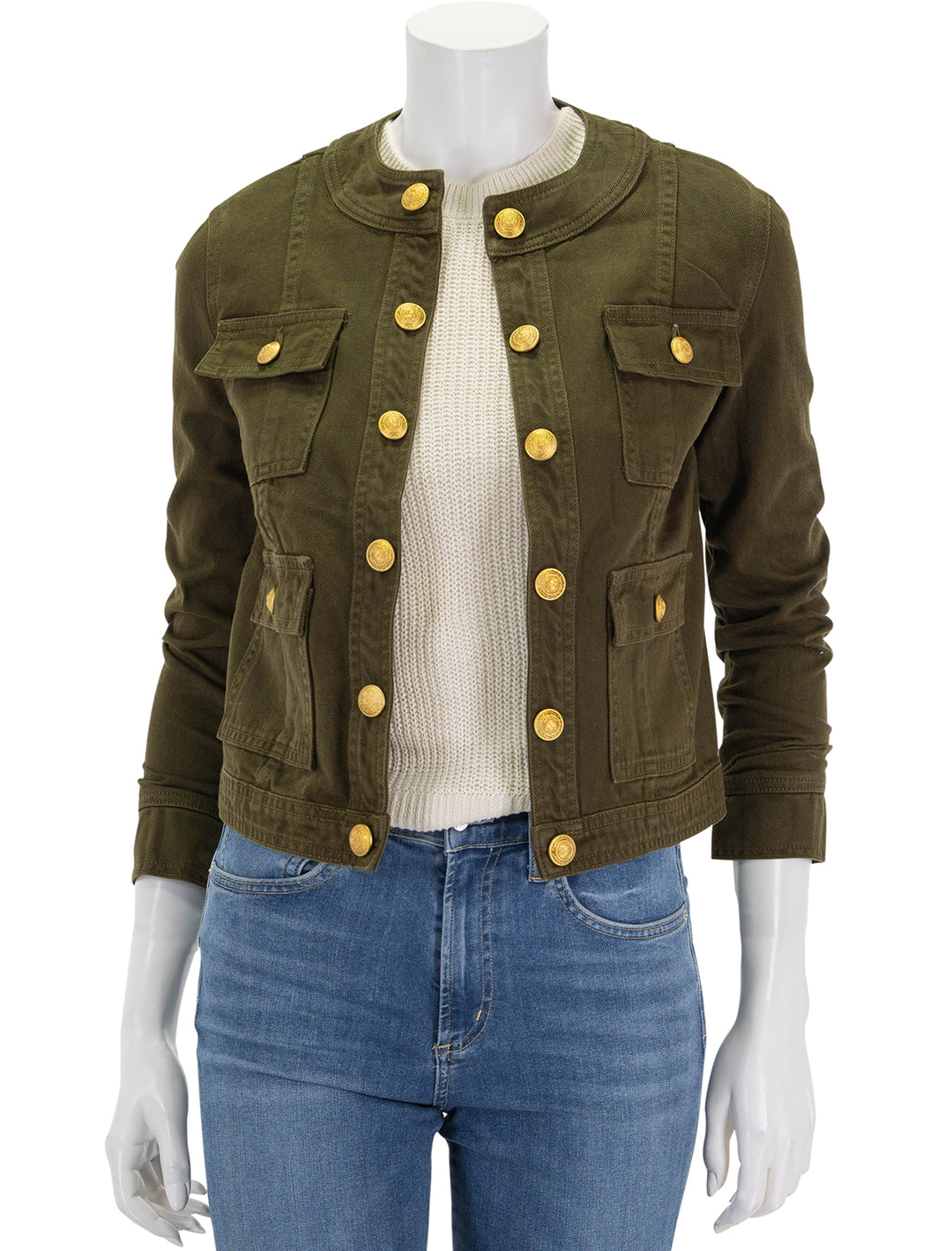 Front view of L'Agence's yari collarless jacket in olive grove.