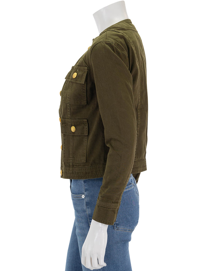 Side view of L'Agence's yari collarless jacket in olive grove.