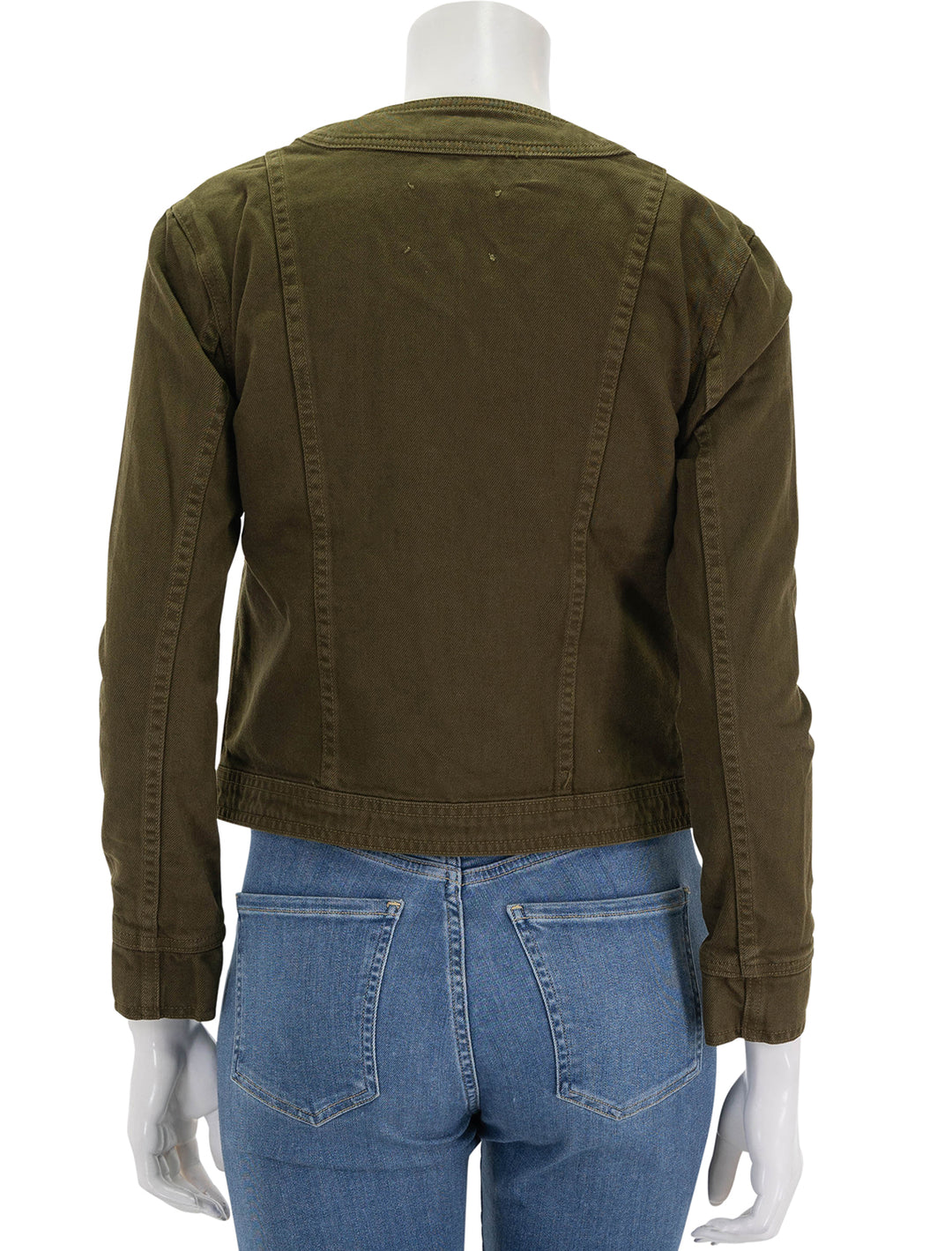 Back view of L'Agence's yari collarless jacket in olive grove.