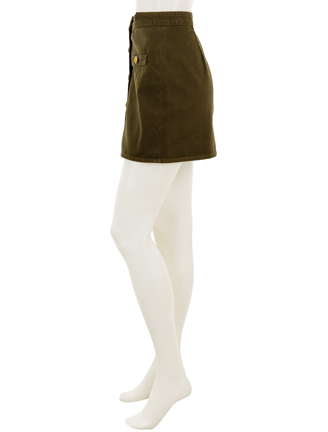 Side view of L'agence's kris button front mini skirt in olive grove.