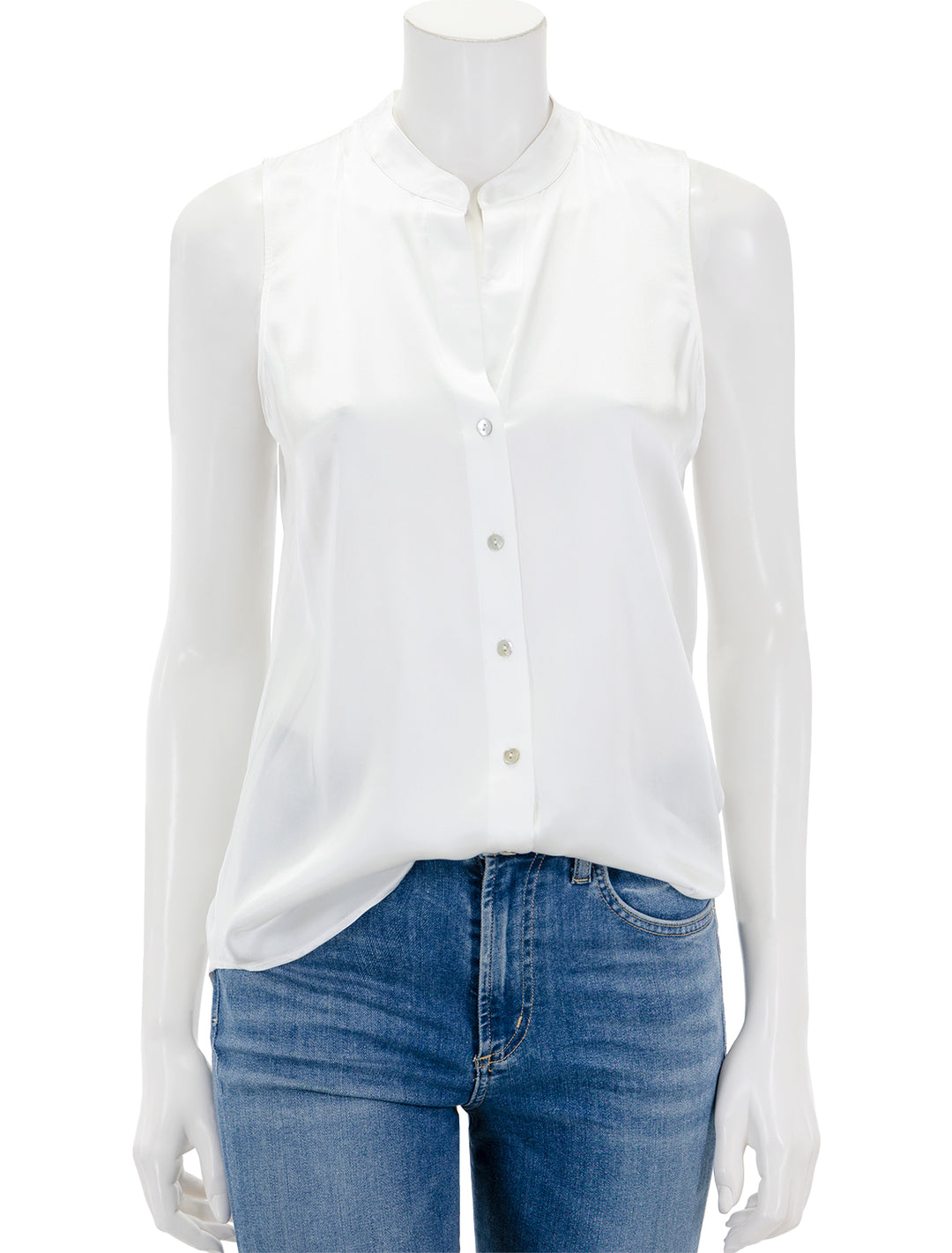 Front view of L'agence's hendrix band collar sleeveless blouse in white.