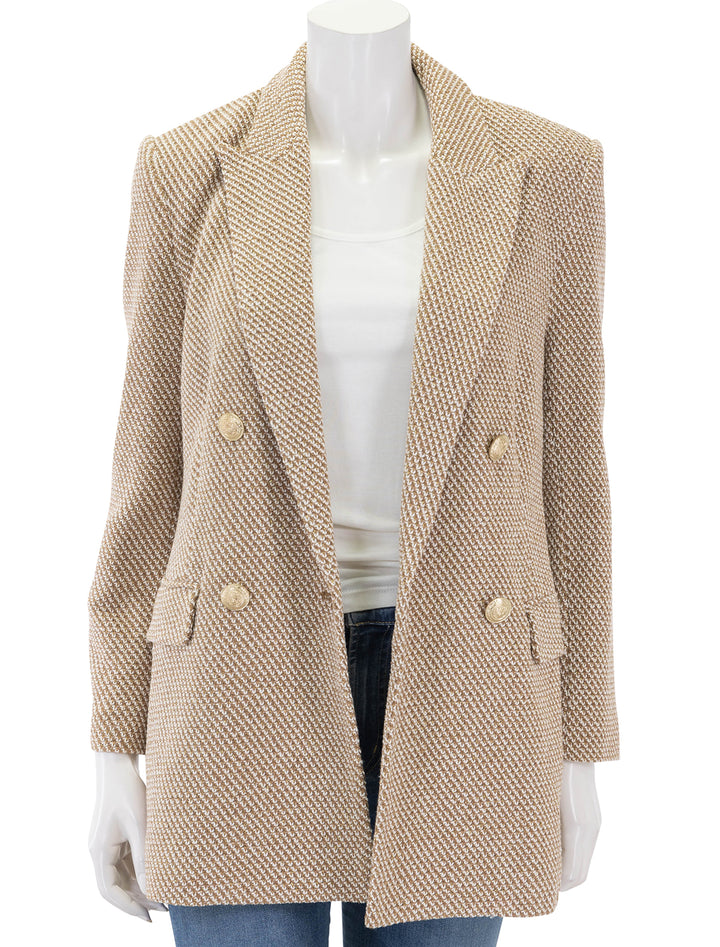 Front view of L'agence's riva knit double breasted blazer in tan and ivory, unbuttoned.