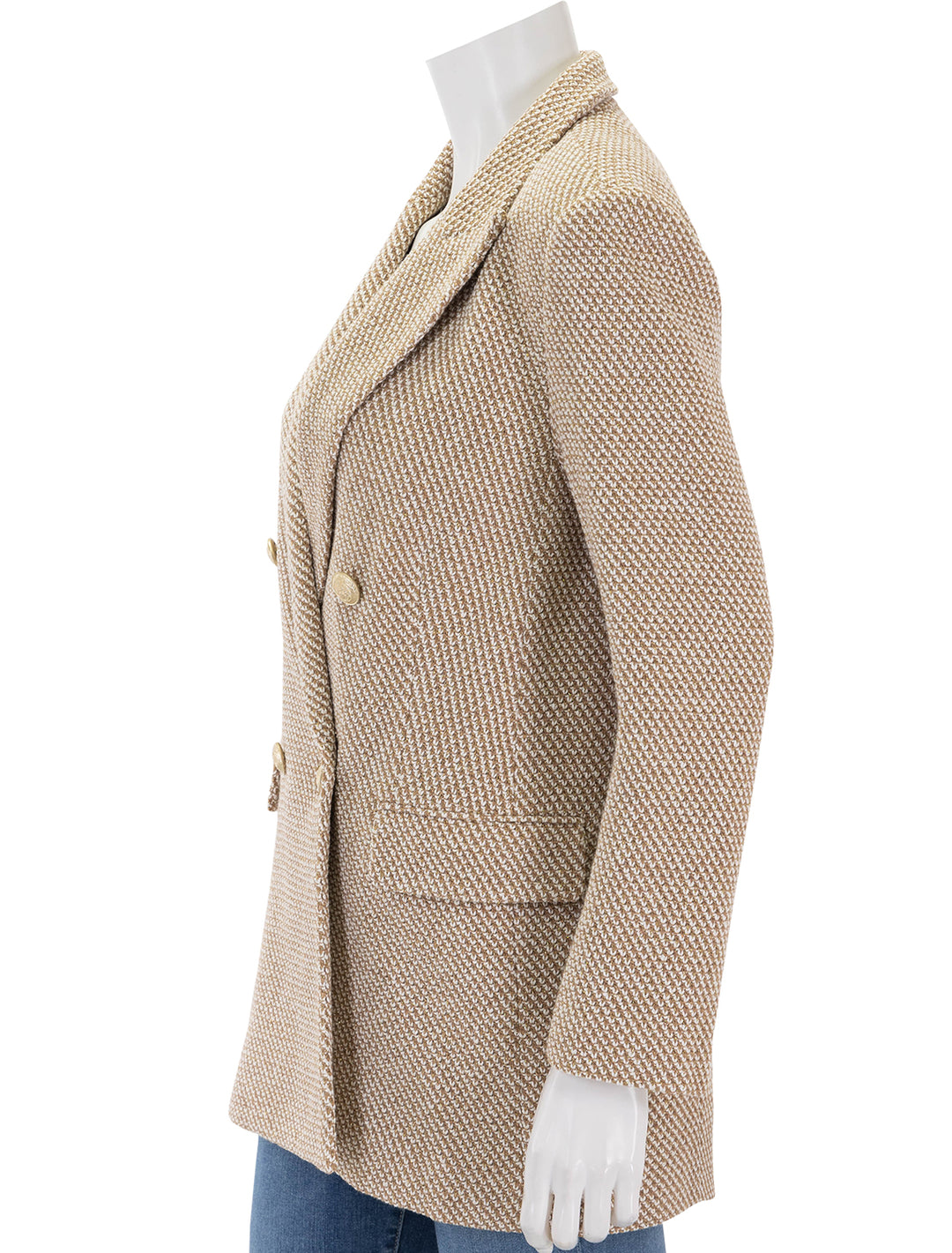 Side view of L'agence's riva knit double breasted blazer in tan and ivory.