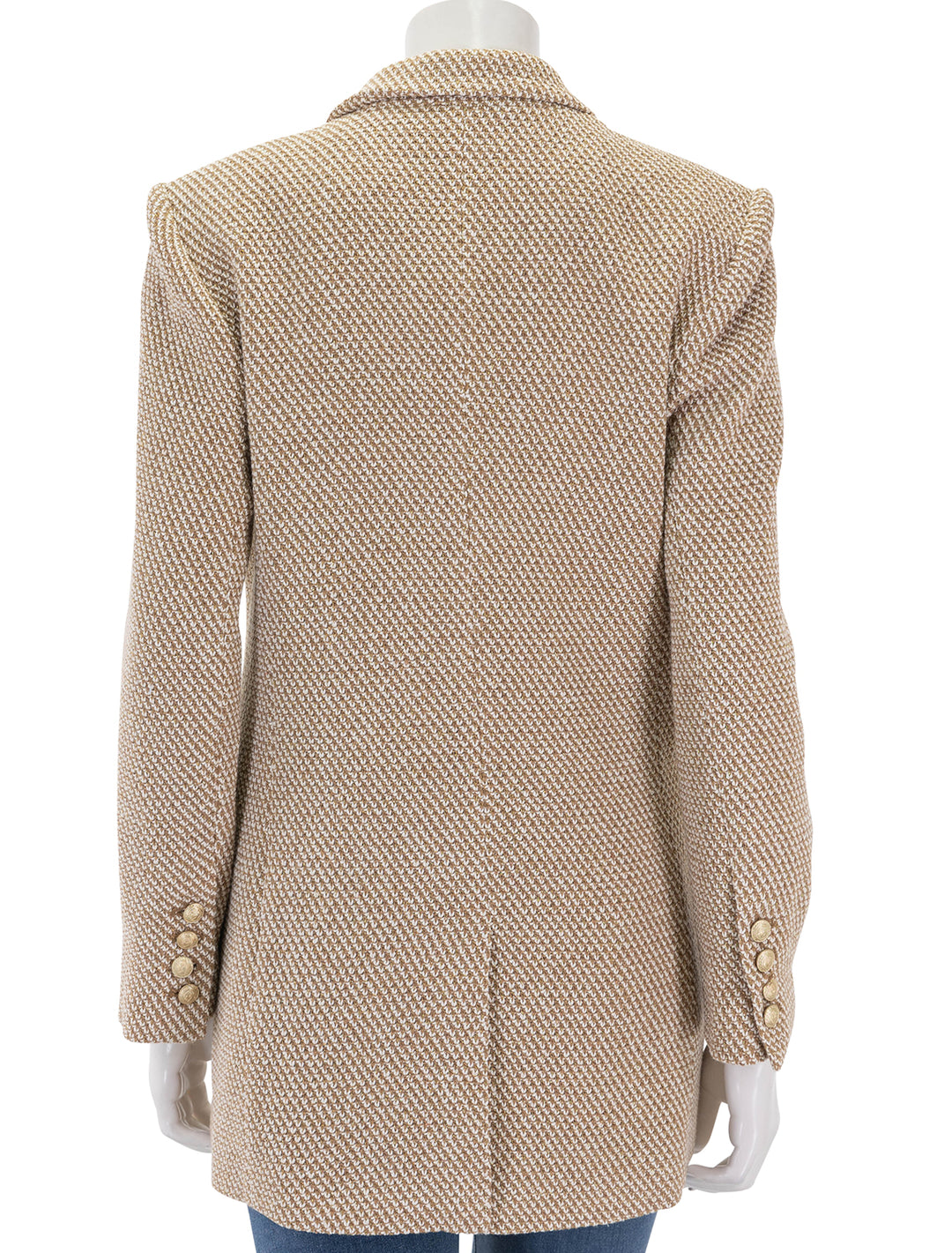 Back view of L'agence's riva knit double breasted blazer in tan and ivory.