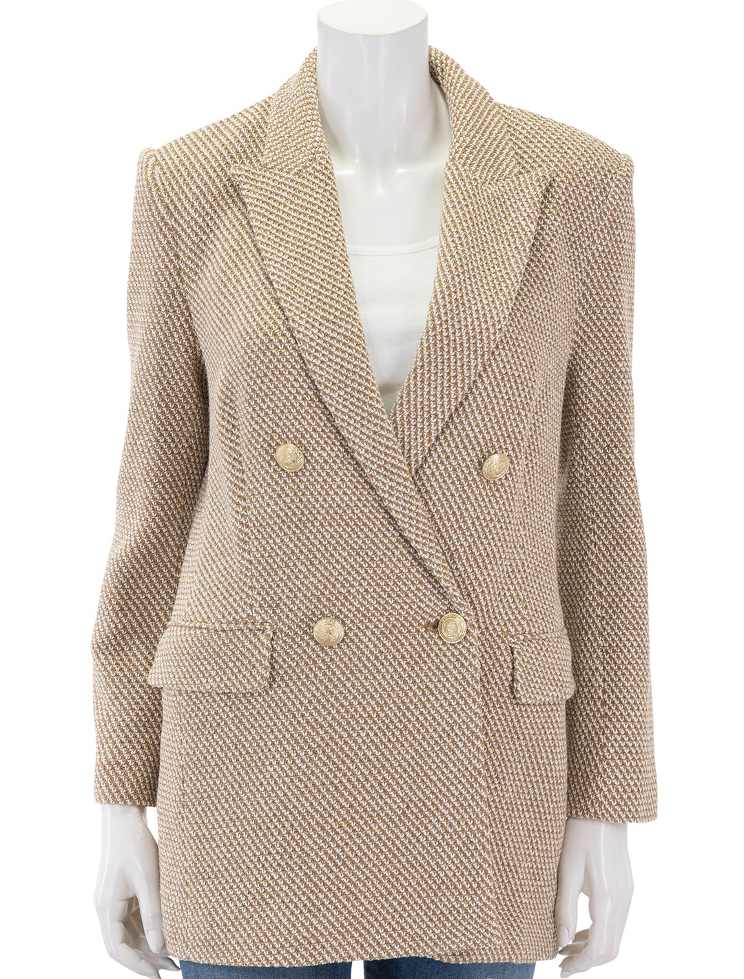 Front view of L'agence's riva knit double breasted blazer in tan and ivory, buttoned.