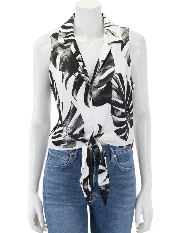 Front view of L'Agence's amos sleeveless tie blouse in black and white palm leaves.