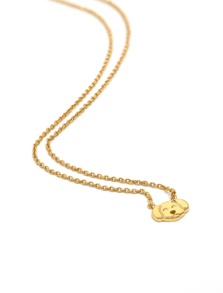 Stylized laydown of Tai's dog necklace in gold.