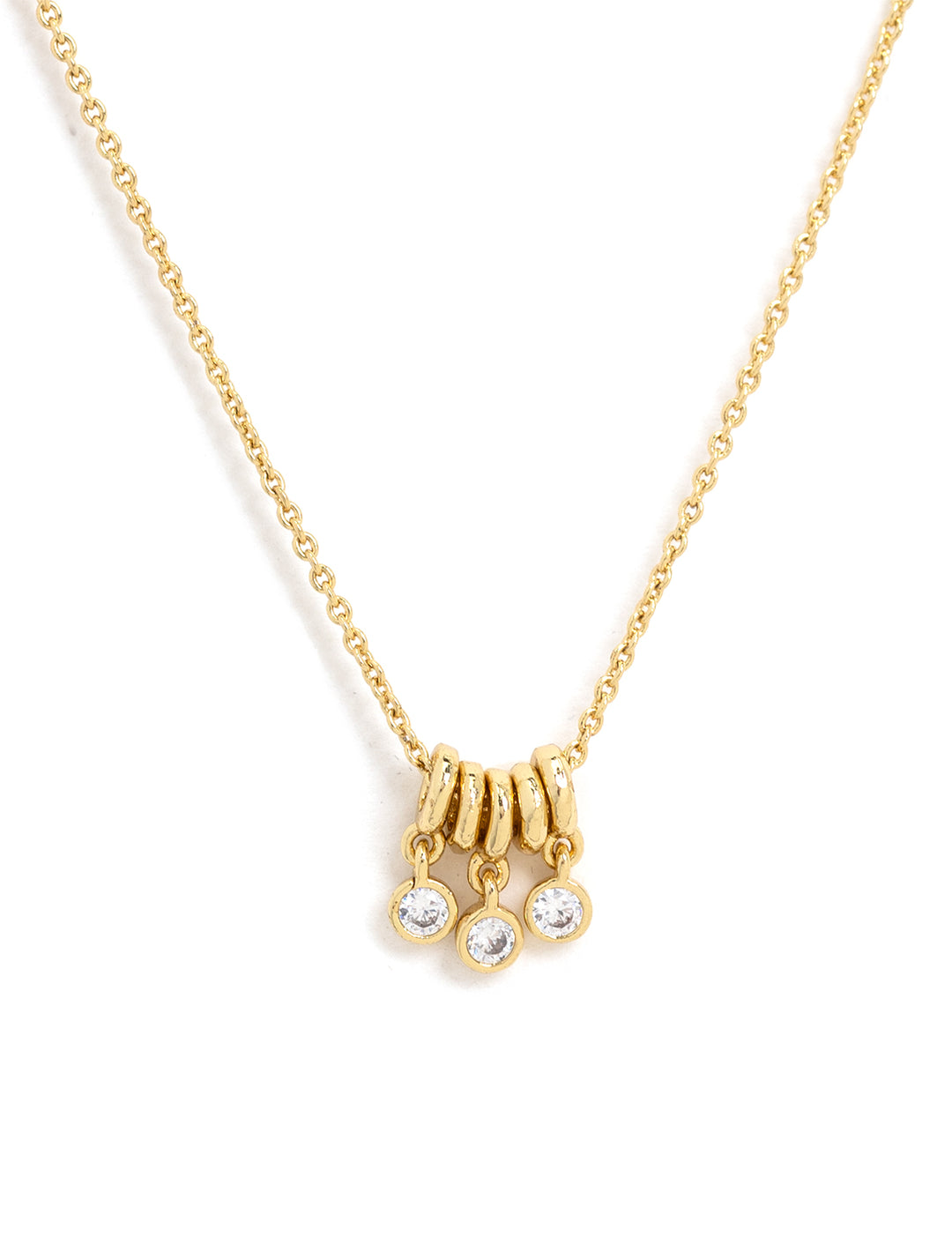 Front view of Tai's necklace with gold rings and cz dangles.