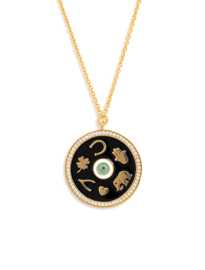 Front view of Tai Jewelry's black enamel luck pendant in gold.
