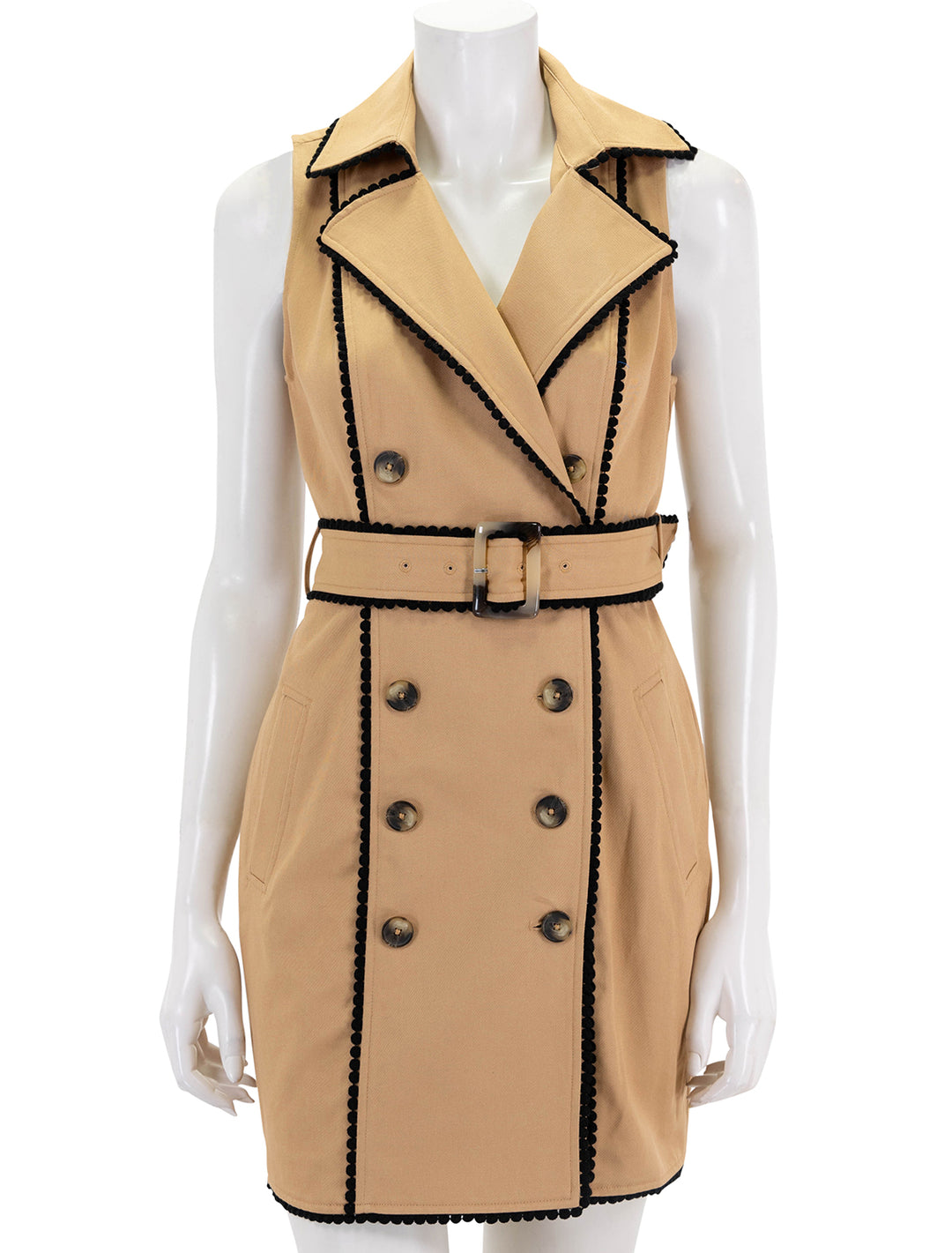 front view of hale trench mini dress in soft camel