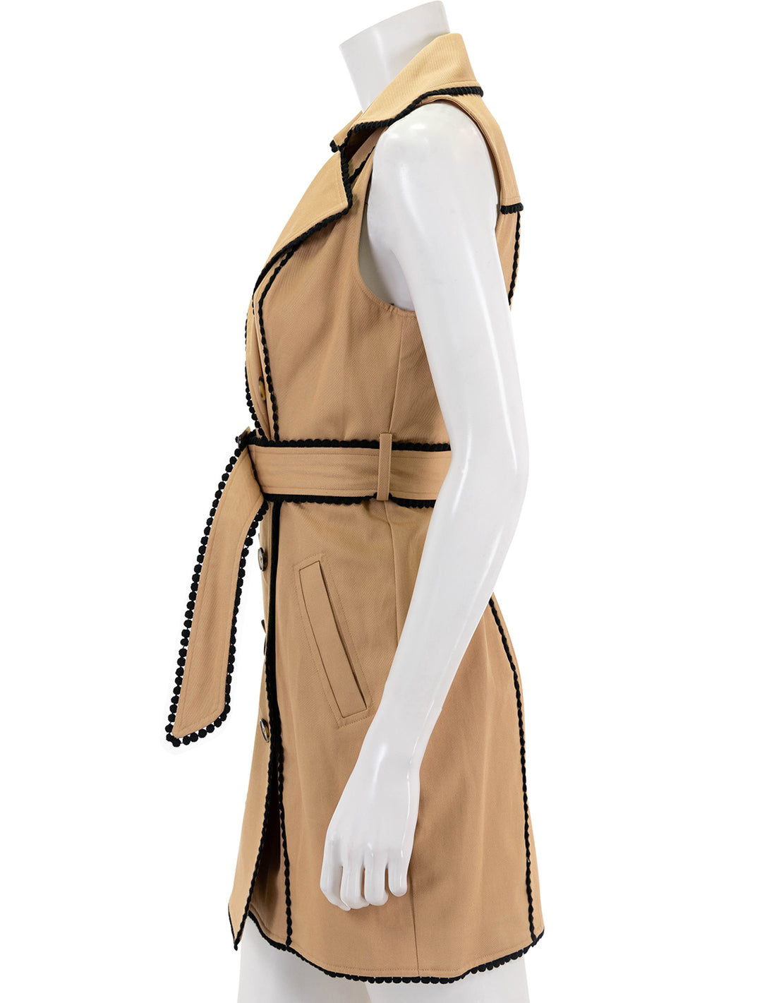 side view of hale trench mini dress in soft camel