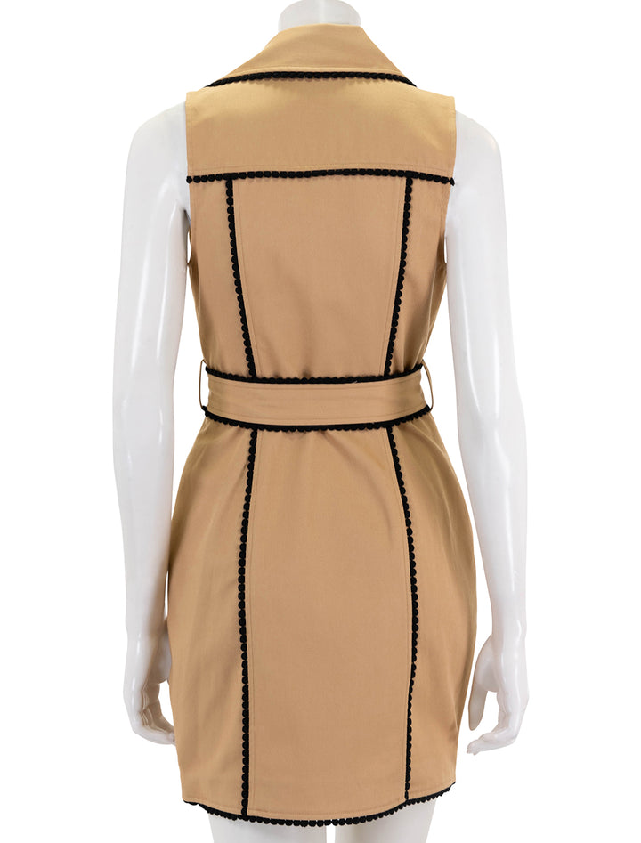 back view of hale trench mini dress in soft camel